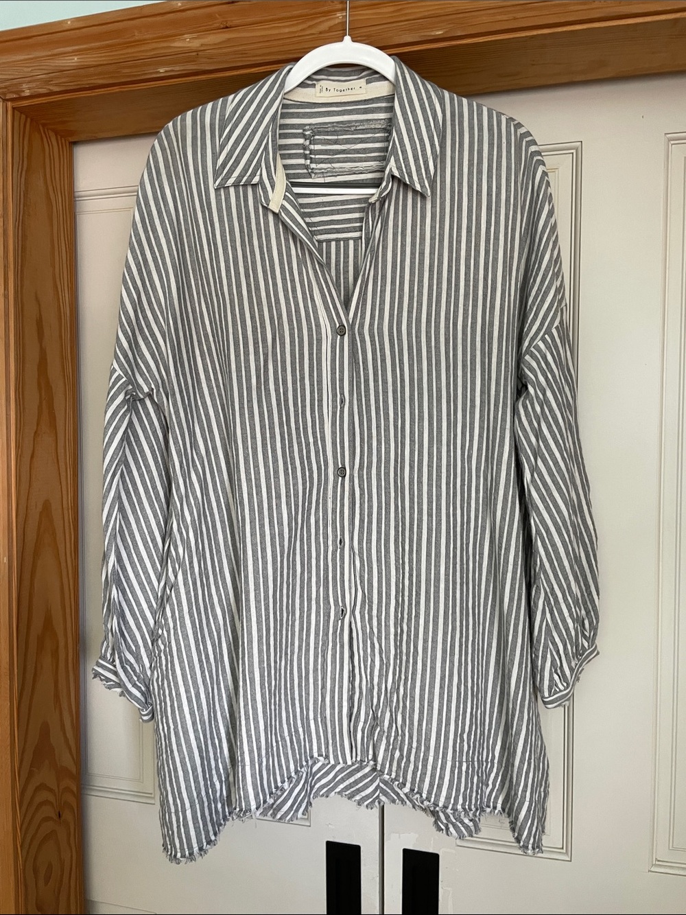 ByTogether Striped Button-Down Linen Shirt - Gray & White Oversized Medium